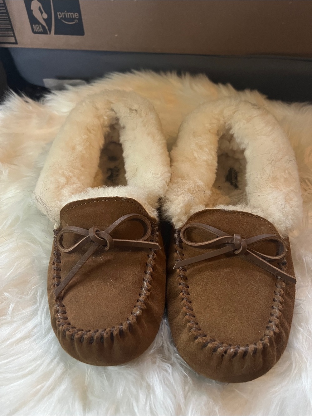 Eddie Bauer Cozy Brown Suede Shearling-Lined Moccasin Slippers